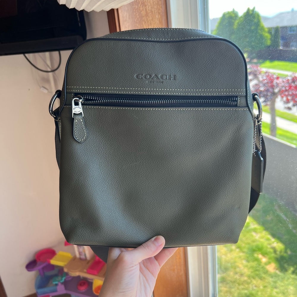 Coach Houston Flight Mens Bag Olive Green Pebbled Leather Messenger Crossbody